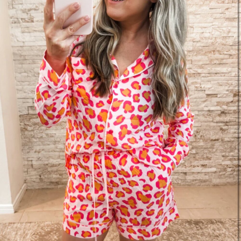 Leopard Collared Neck Long Sleeve Top and Shorts Lounge Set – Bold & Comfortable